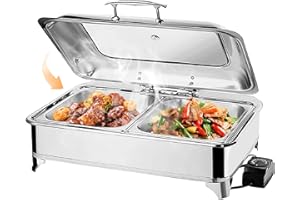 ‎VFDZ VFDZ Chafing Dish Electric 9 L, Catering Warming Container, Temperature Adjustment Button, Rectangular Chafing Dish Set, Food Warmer with Visible Glass Lid (A, 1/2 PAN)
