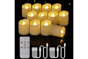 BOWKA 12 lumini a LED ricaricabili con telecomando, timer, senza fiamma, dimmerabili, con cavo USB, per Natale, feste, matrimoni, Halloween, casa, chiesa, all'aperto, campeggio (bianco caldo)