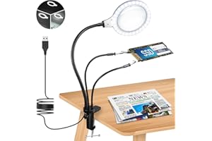 NOMIOU Lupa ze światłem i stojakiem, 5 x pomoc w lutowaniu trzeciej ręki, lampa z lupą, lampa rzemieślnicza z 30 przyciemnianymi diodami LED, 3 pomocne ramiona, podświetlana lupa do czytania, szycia, hobby