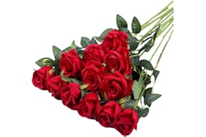 Hawesome 12PCS Artificial Roses Fake Flowers Single Long Stem Blooms with Rose Buds Wedding Decoration Bridal Bouquet Decorative Flower Arrangement Home Decoration Party Centerpieces in Red