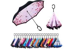 NNY Inc Double Layer Inverted Umbrella Cars Reverse Open Folding Umbrellas, Windproof UV Protection Large Self Stand Upside Down Straight Umbrella for Golf Women and Men with C-Shaped