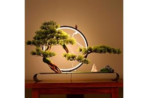 BJYX Artificial Tree with Lamp Ring, Zen Welcome Pine Faux Potted with Backflow Incense, Realistic Simulation Bonsai Green Plant for Home Office Desk Bedroom Farmhouse