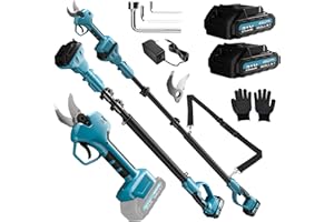RINOXAR 40mm Tijeras de Podar Eléctricas, 2 IN 1Podadora Telescópica con 2M Pértiga de Extensión, 2x2000mAh Batería, con Tirantes, Guantes, Podadora de Eléctrica para Jardineria, Olivos