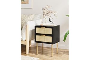 HEYZOEY Bedside Table,Nightstand With 2Drawer,Black Bedside Table,2 Drawer Dresser for Bedroom,Rattan Side Table For Bedroom, Living Room