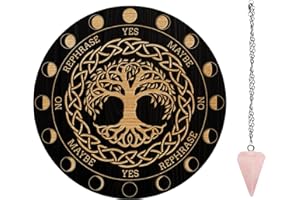 AHANDMAKER Tree of Life Pendulum Board, Dowsing Divination Metaphysical Message Board Wooden Carven Board with Crystal Pendulum Necklace Divination for Witchcraft Wiccan Altar Supplies Kit, 7.8inch