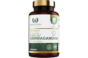 Organic High Concentration Full Spectrum KSM-66 ASHWAGANDHA with 5% Withanolides and Black Pepper, Made in Britain by Royal Oak Health, 60 Capsules