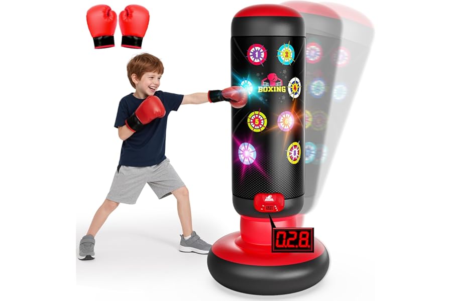 Interactive Punching Bag for Kids, Boxing Bag with Music & Light 4-Mode Game, Inflatable Punch Bag with Gloves, Kids Gym Equipment, Boxing Gifts Toys for 6 7 8 9 10 11 12 Year Old Boys
