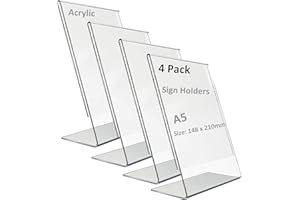 Dmytop Acrylic Sign Holders A5, Plastic Display Stands A5 Acrylic L-Shaped Base Menu Holders for Tables, Poster Counter Leaflet Sign Stands for Restaurant, Hotel, Office, Shop, Stall, 4 Pack