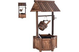 SOARS Fontaine Exterieure de Jardin 58 X 58 X 114 CM, Puit Decoration Jardin en Bois de Sapin avec Toit pour l'Extérieur, Seau Réglable en Hauteur, pour Cour, Pelouse, Jardin (58 X 58 X 114 CM)