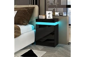 BESTWANTED High Gloss Bedside Table 3 Drawers Modern Bedside Cabinet Nightstand with LED Lights for Bedroom Living Room 67 x 45 x 35cm (Black)