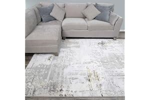THE RUG HOUSE Designer Abstract Silver Grey Painterly Living Room Rug Gold Metallic Dense Super Soft Light Grey Lounge Bedroom Area Rugs 190cm x 280cm
