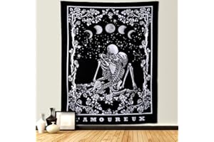 Dremisland Cranio Arazzo Kissing Lovers Tarot Arazzo da parete Nero Bianco Scheletro di fase lunare Appeso a parete per camera da letto Decorazioni per la casa gotiche