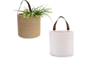 7WUNDERBAR Cestas de almacenamiento Cesta de pared Cesta colgante con mango de cuero de PU Paquete de 2 Cestas de plantas de maceta, Cesta de