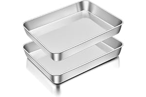 Homikit Small Oven Tray Set of 2, Stainless Steel Tray Bake Cake Tin, Deep Rimmed Baking Sheet Pan for Cake/Lasagne/Brownie, Rectangle Shape 26.6x20.2x5cm, Brushed Finish & Dishwasher Safe