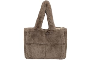 Waniki Plush Handbag Women's Medium Tote Bag Fluffy Shopper Bag Shoulder Bag Faux Fur Teddy Bag Plain Handbag Winter Furry Quilted Bag Winter Shoulder Bag for Women