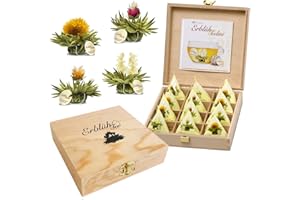 Creano Blooming Tea Gift Set in Stylish Wooden Tea Box - 12pcs Flowering Tea Ball in Cupsize - White Tea