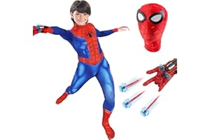 HVIERO Deguisement Spider Enfant Costume Spider Enfant avec Gant Lanceur Spider Costume Cosplay Halloween Carnaval Mascarade Cadeaux de Noël Combinaison Spider Enfant