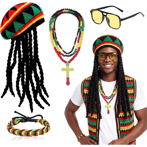 Oerphh Ensemble de déguisement Rasta 4 pièces – Chapeau avec dreadlocks, lunettes hippie, gilet jamaïcain, bracelet – Accessoires reggae hippie pour adultes, cosplay, carnaval, Halloween, fête Oerphh Ensemble de déguisement Rasta 4 pièces – Chapeau avec dreadlocks, lunettes hippie, gilet jamaïcain, bracelet – Accessoires reggae hippie pour adultes, cosplay, carnaval, Halloween, fête