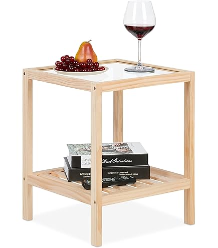 Spetebo Houten bijzettafel met metalen frame in zwart - 32 x 28 cm - salontafel vierkant met tafelblad in houtlook - woonkamertafel decoratieve tafel
