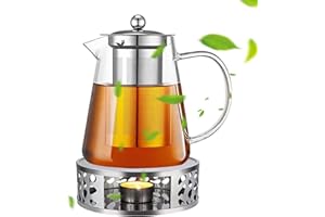 Neuytiky Dzbanek do herbaty 1300 ml, szklany z sitkiem i podgrzewaczem, podgrzewacz ze stali nierdzewnej, szkło borokrzemowe, zaparzacz do herbaty, dzbanek do herbaty sypkiej, herbaty owocowej