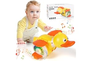 FLINTOSKY Juguete Pato para Gatear Bebés 18+ Meses - Juguete Sensorial Musical con Luces, Alas Batientes & Pico Acción Realista, Recargable - Fomenta el Gateo & Tummy Time Toy para Recién Nacidos & Bebés