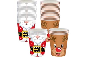 RONGZUBAT 40pcs Christmas Disposable Party Paper Cups,Xmas Santa Deer Disposable Party Drinking Christmas Paper Cups for DIY Holiday,Picnic,Winter Xmas Party Cup Table Decorations
