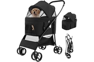 COSTWAY 3 in 1 Pet Stroller, Folding Dog Strollers with Detachable Car Seat Carrier, Adjustable Canopy, Storage Basket, 4 Wheels Travel Pushchair for Small Medium Dogs Cats (Black)