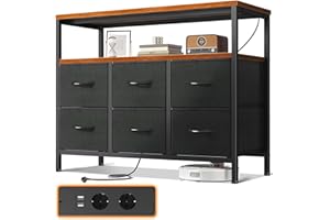 ODK Cassettiera Como Camera da Letto,con 2 Prese e 2 Porte di Ricarica USB,Contiene 6 Cassetti Grandi Cassettiera Cameretta,Comò Camera da Letto Cassettiere e Credenze Per Soggiorno,Marrone D'epoca