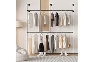 YheenLf Portant à Vêtements Industriel, Penderie Murale, Ouvert Penderie Dressing, Noir Porte Manteau, Capacité de charge 300 kg, Stable et Robuste, 203x220cm