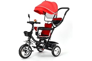 KEDIA Dreirad 4 in 1 Aveo, Kinderdreirad, Jogger mit Zubehör, Klappbar, Dachfenster, Lenker, Unplattbar-Räder, Gummiräder, ab 9 Monate bis 5 Jahre, Zubehör, (rot)