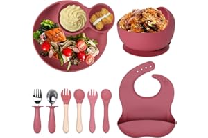 SENBALER 9-teiliges Set Silikon Baby Geschirr mit Saugnapf Rutschfest Babyteller BPA Frei,Kinder Besteck,Lätzchen,Schüssel,Loffel.Rosa
