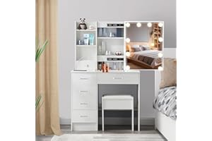 Guanglai White Vanity,Large Makeup Table with Charging Station,Vanity Dressing Table with Mirror,Makeup Vanity with Lights and Drawers,Stool for Girls Women
