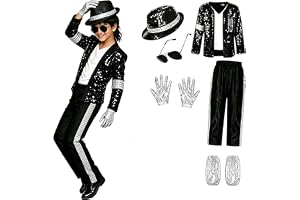Pojkar Pop Super Star kostym 7 delar set, svart paljettjacka byxor hatt handskar, 80-tal 90-tal Retro Halloween cosplay dans scen outfit