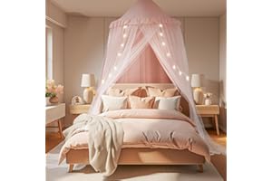 LITTLE DOVE Large Bed Canopy with Star Lights, Double Layer Canopy for Bed, Princess Play Tent for Girls Room, Breathable Canopy Bed Curtain for Children Reading Nook, Machine Washable Canopy, 40''x106'', Pink