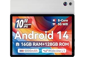 Ainmel Tablet 10 Zoll (2025), Android 14 Tablet 10.36 Zoll Octa-Core,1280x800 IPS,16GB RAM 128GB ROM 1TB TF, 5G WiFi 6, Bluetooth 5.0, 5000mAh, 5MP+8MP, Widevine L1, Silberweiß