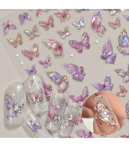 Hebterrka 5D Schmetterlings-Nagelaufkleber – 4 Blatt Mit Aurora-Effekt, Rosa Glänzend, Einfach Aufzukleben
