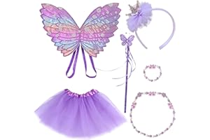 DKDDSSS Ensemble de 6 Pièces Deguisement Fee, Ailes de Papillon, Couronne de Princesse, Baguette Magique, Jupe Tutu,Collier Papillon, Accessoires pour Carnaval Cosplay Party Fête