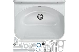 GOSPO Pila de vaciado con sifón, lavabo 46 x 36 x 20 cm, para lavabo, garaje, sótano, lavadero, taller, lavabo, montaje en pared, en placa, fregadero con accesorios, Blanco