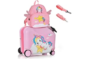 COSTWAY 2-częściowa walizka dziecięca + plecak, 40 cm + 30 cm, wózek dziecięcy z kółkami i wodoodporną twardą obudową, bagaż dziecięcy z paskiem do noszenia, linkami i podnóżkami, walizka na kółkach