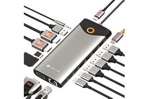 NOVOO USB C Docking Station 15-in-1 Triple Display USB C Hub Dual 4K@60Hz HDMI Adapter mit VGA Gigabit Ethernet,5USB-A/2USB-C Datenports,100W PD,SD/TF,Audio/Mic Multiport Dock für MacBook Dell Lenovo