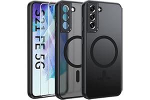 Opkiegrn Hülle Kompatibel mit Samsung Galaxy S21 FE Kompatibel mit MagSafe mit 2 Schutzfolie,Vollständiger Kameraschutz, Stoßfest Dünn Durchscheinende Matt SchutzHülle-Schwarz