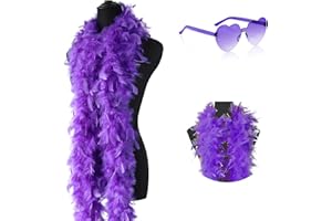 Sudwasi Feather Boa and Glasses, 2m Turkey Feather Boas with Heart Rimless Sunglasses, Purple Feather Boa and Heart Glasses for Dancing Wedding Party Cosplay