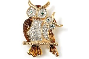 Avalaya Two Sitting Diamante Owls Brooch (Gold Tone)