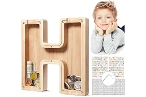 MoneRffi Personalized Letters Wooden Piggy Bank, A-Z Letters Coin Bank Money Box with Clear Alphabet Stickers, Money Saving Bank For Family Christmas Birthday Gift Home DIY Decoration