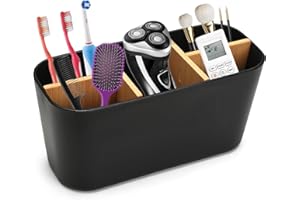 BAYIDUN Elektryczne uchwyty na szczoteczki do zębów do pojemnika łazienkowego, bambusowy uchwyt na szczoteczkę do zębów i pastę do zębów z 5 przegródkami, zdejmowany zestaw elektrycznych uchwytów na