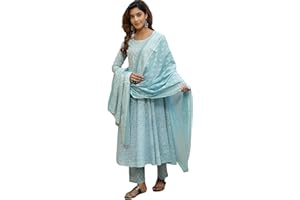 INDACORIFY Indischer bedruckter Baumwoll-Kurti, schönes Blumendruck-Freizeitkleid mit Hose, Dupatta-Set für Damen- und Mädchenanzug
