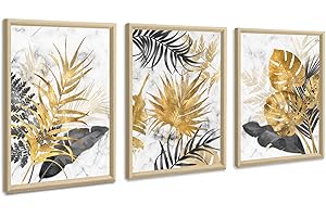 FAJERMINART 3Pcs Marco de madera Cuadros Decoracion Salon Modernos Mármol Oro Gris Hojas Cuadros Abstractos Pintura Lienzos decorativos Dormitorio Comedor Decoración de Pared Listo para colgar 30x40cmx3