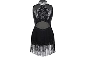 Jugaoge Girls Mesh Splice Rhinestone Sleeveless Tassel Dress Ballroom Dancewear Latin Salsa Dance Dress