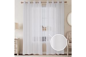 CUCRAF Tende in voile, effetto lino, con occhielli, per camera da letto, soggiorno, bianco, 260 x 140 cm, set da 2 pezzi