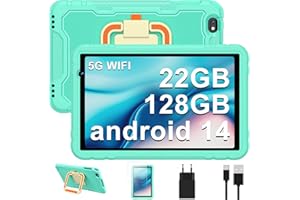 JUEDUR Tablet bambini 10 pollici, tablet Android 14 con 5G Wifi, 22GB RAM+128GB ROM | Controllo Parentale | 8000 mAh | Octa-Core | 5MP+8MP | Custodia protettiva EVA antiurto + Staffa girevole a 360° - Verde